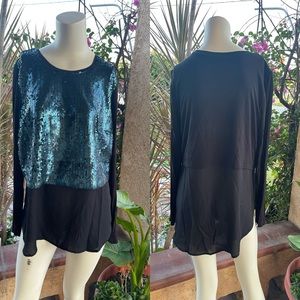 I Heart Ronson Black Teal Sequin High Low Long Sleeve Blouse LARGE